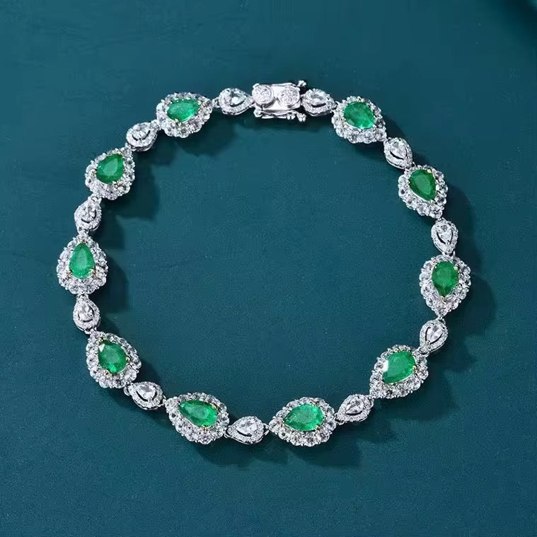 18k White Gold Emerald Gemstone Diamond Luxury Vintage Bracelet