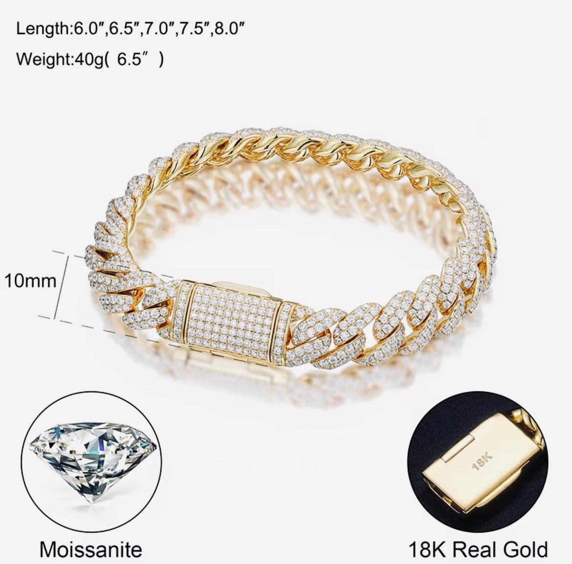 10mm Yellow Gold Diamond Cuban Link Bracelet