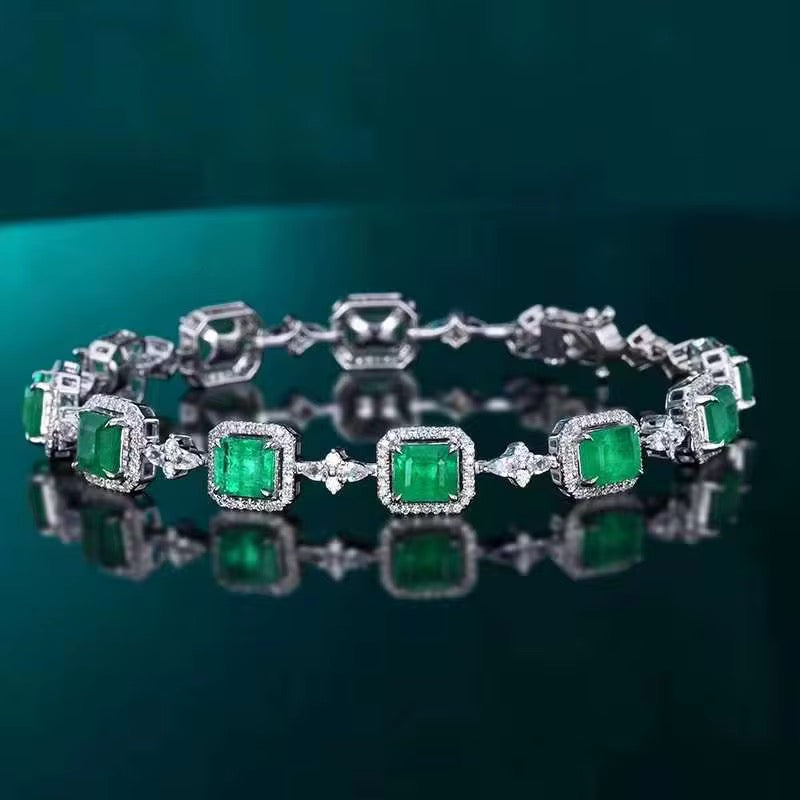 18k White Gold Emerald Gemstone Diamond Luxury Vintage Bracelet