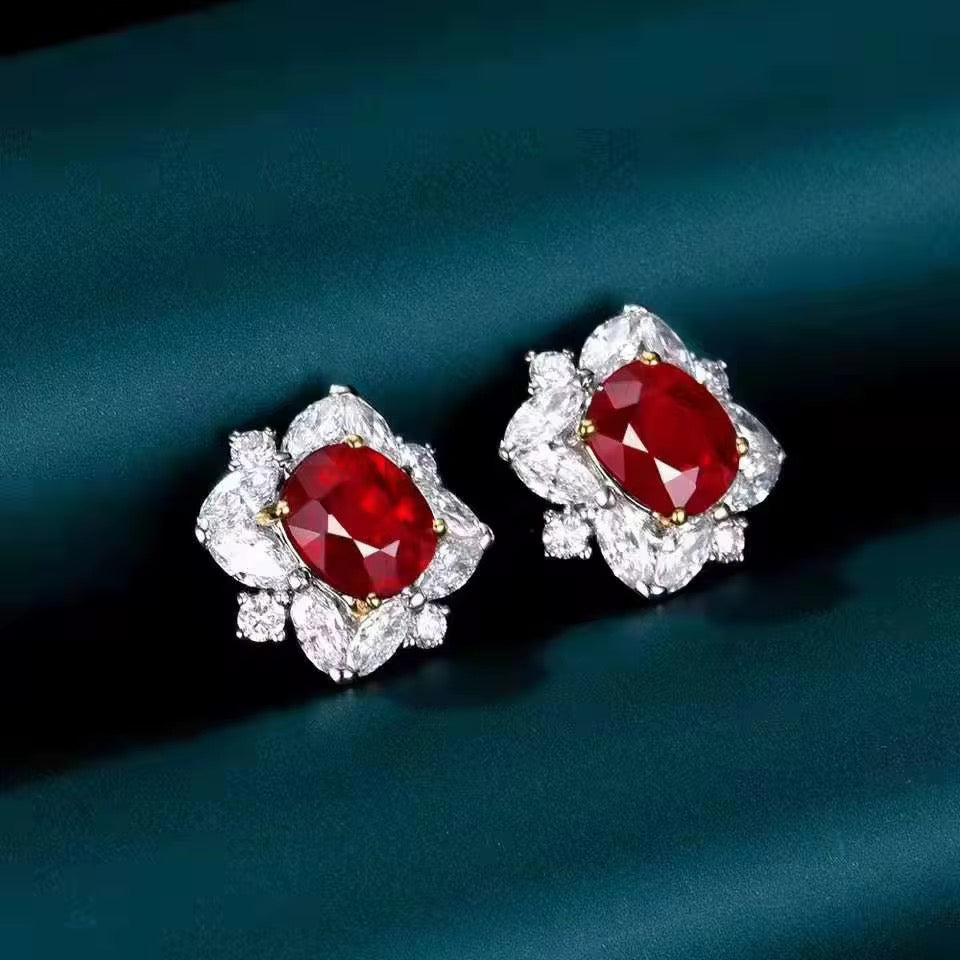 18k White Gold Pigeon Blood Red Ruby Gemstone Earrings