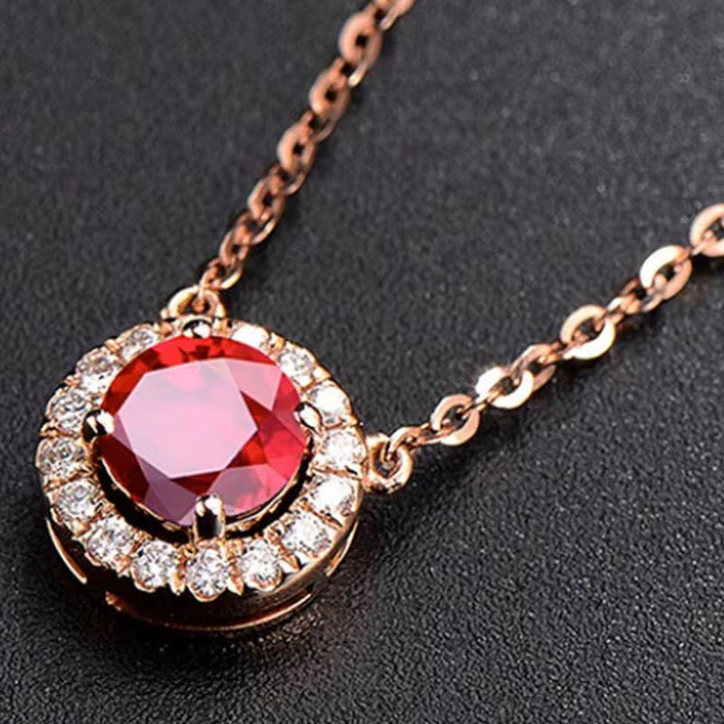 18k Rose Gold Red Ruby Gemstone Pendant Necklace