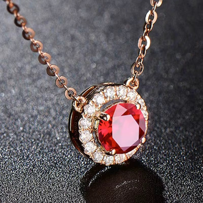 18k Rose Gold Red Ruby Gemstone Pendant Necklace