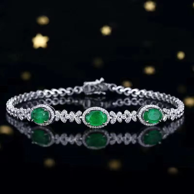 18k White Gold Emerald Gemstone Diamond Bracelet