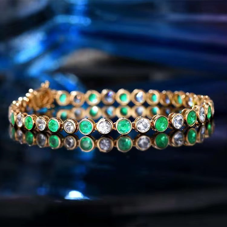 18k Yellow Gold Emerald Gemstone Luxury Tennis Bracelet