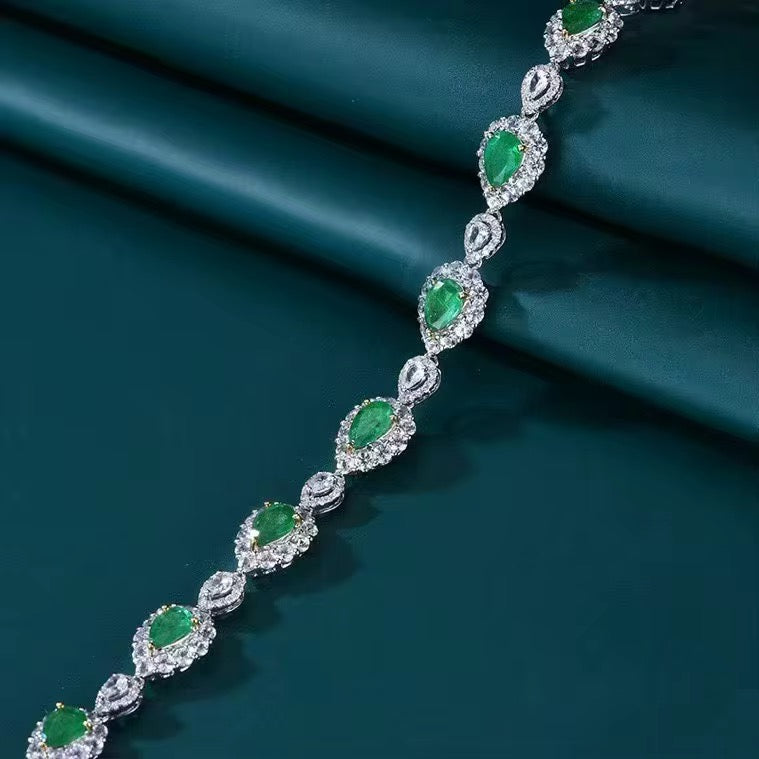 18k White Gold Emerald Gemstone Diamond Luxury Vintage Bracelet