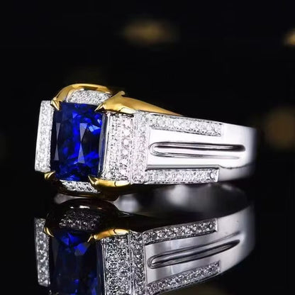 18k White Gold Royal Blue Sapphire Gemstone Men’s Ring