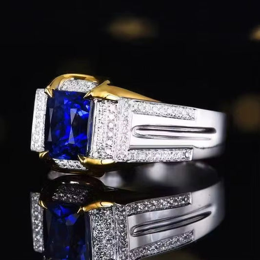 18k White Gold Royal Blue Sapphire Gemstone Men’s Ring