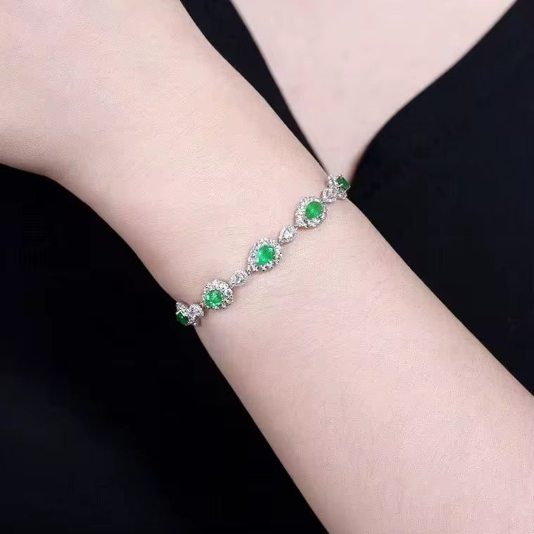 18k White Gold Emerald Gemstone Diamond Luxury Vintage Bracelet