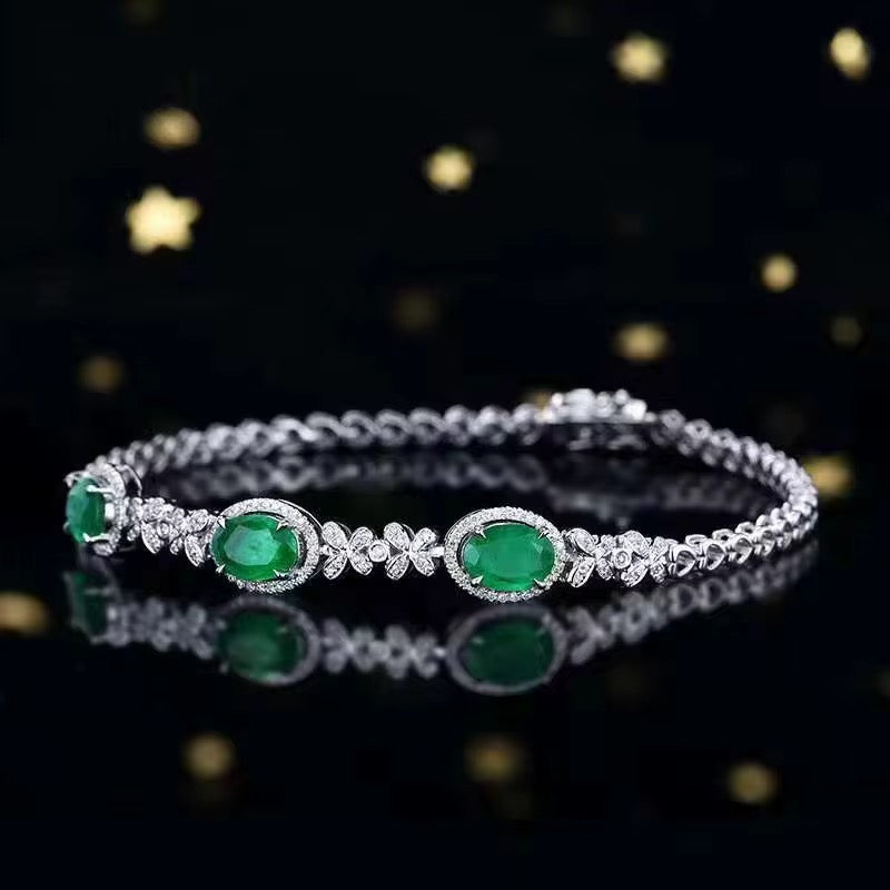 18k White Gold Emerald Gemstone Diamond Bracelet