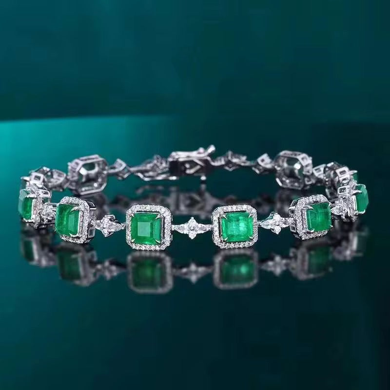 18k White Gold Emerald Gemstone Diamond Luxury Vintage Bracelet