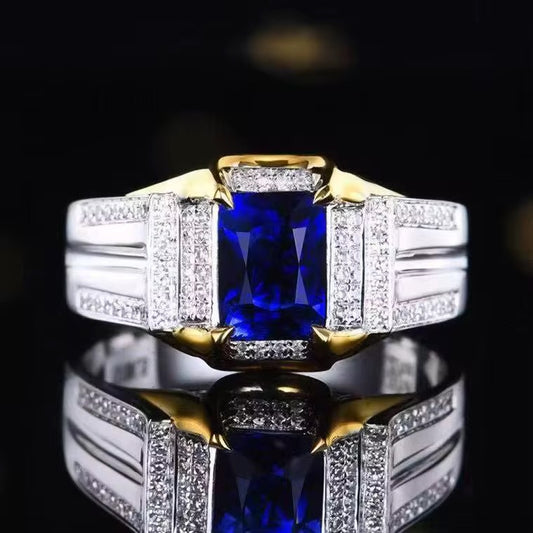 18k White Gold Royal Blue Sapphire Gemstone Men’s Ring