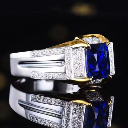 18k White Gold Royal Blue Sapphire Gemstone Men’s Ring