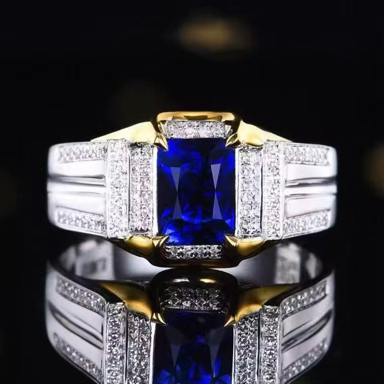 18k White Gold Royal Blue Sapphire Gemstone Men’s Ring