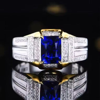 18k White Gold Royal Blue Sapphire Gemstone Men’s Ring