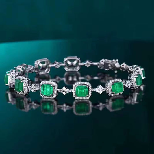 18k White Gold Emerald Gemstone Diamond Luxury Vintage Bracelet