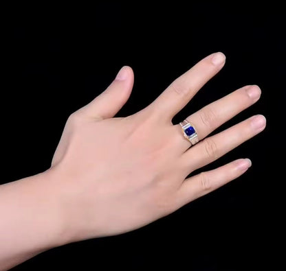 18k White Gold Royal Blue Sapphire Gemstone Men’s Ring
