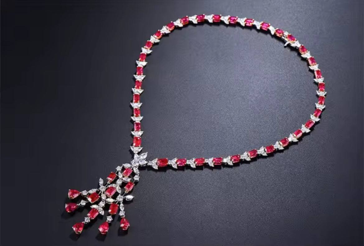 18K White Gold Red Ruby Gemstone Diamond Luxury Necklace