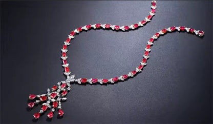 18K White Gold Red Ruby Gemstone Diamond Luxury Necklace