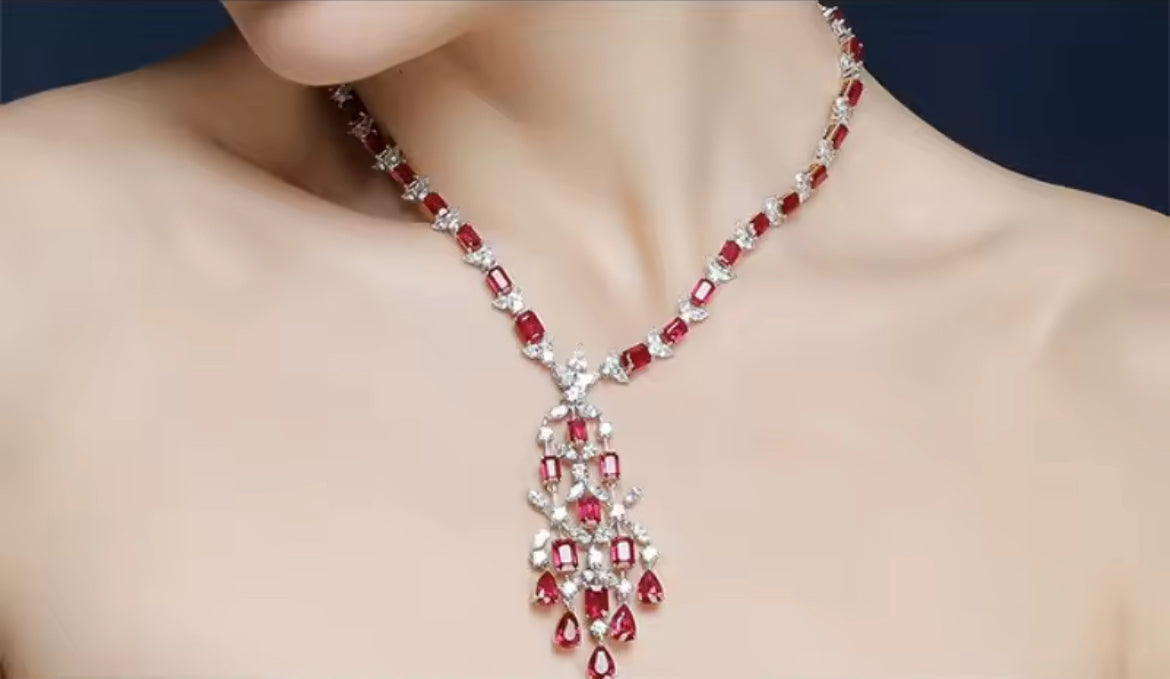 18K White Gold Red Ruby Gemstone Diamond Luxury Necklace
