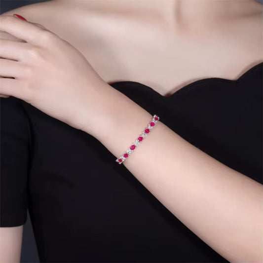18k White Gold Myanmar Ruby Gemstone Tennis Bracelet
