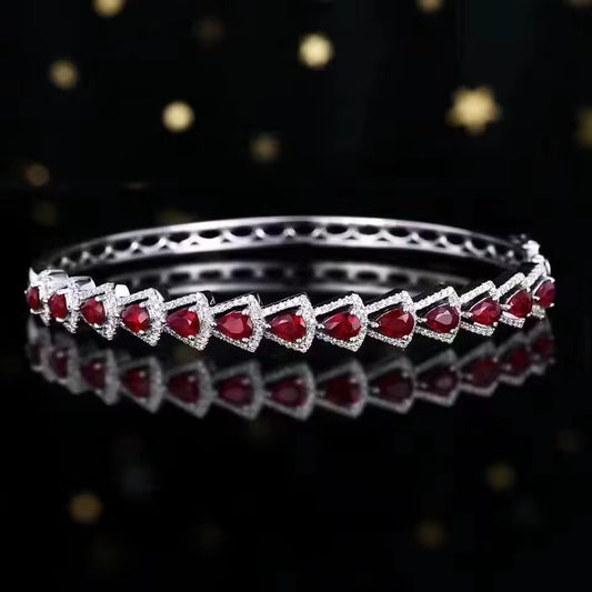 18k White Gold Pigeon Blood Red Ruby Gemstone Bangle Bracelet