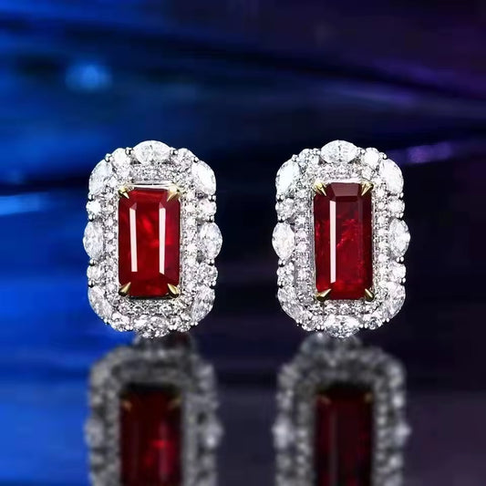 18k White Gold Red Ruby Gemstone Diamond Earrings