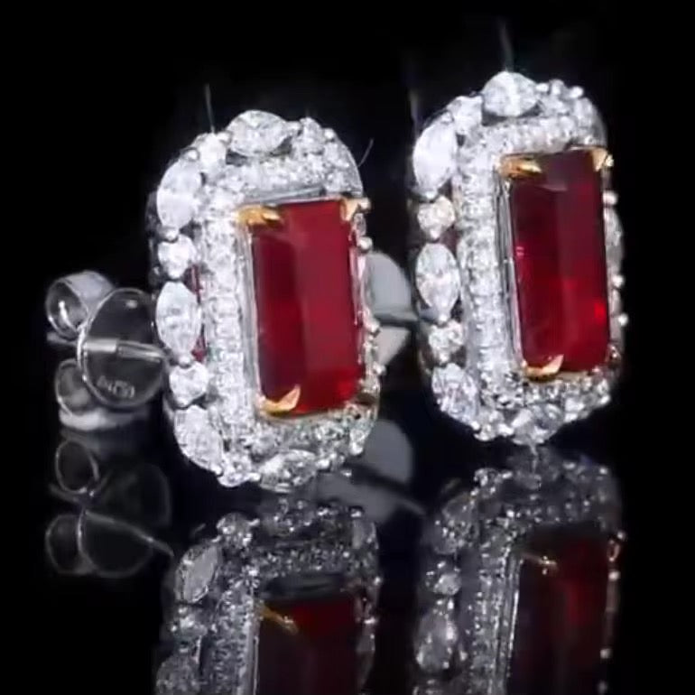 18k White Gold Red Ruby Gemstone Diamond Earrings
