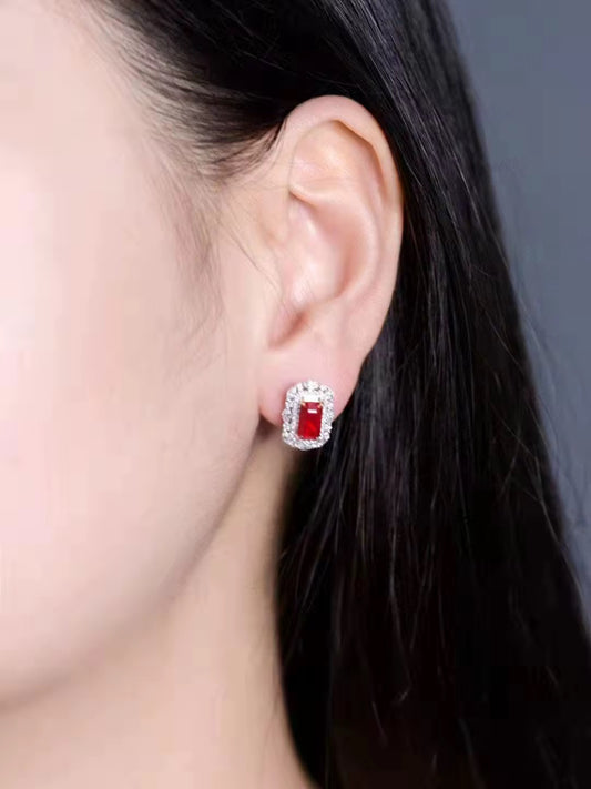 18k White Gold Red Ruby Gemstone Diamond Earrings