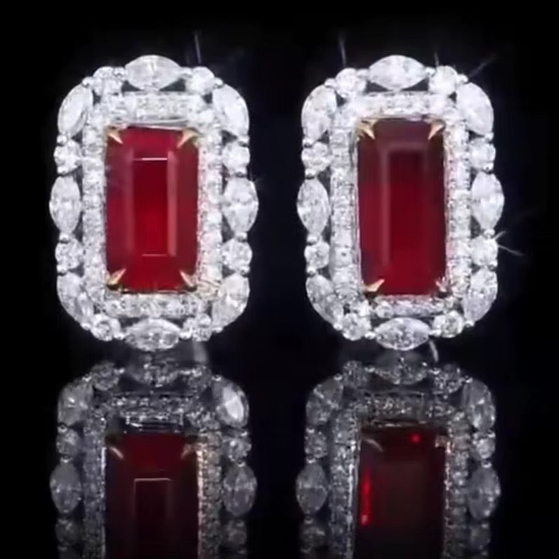 18k White Gold Red Ruby Gemstone Diamond Earrings