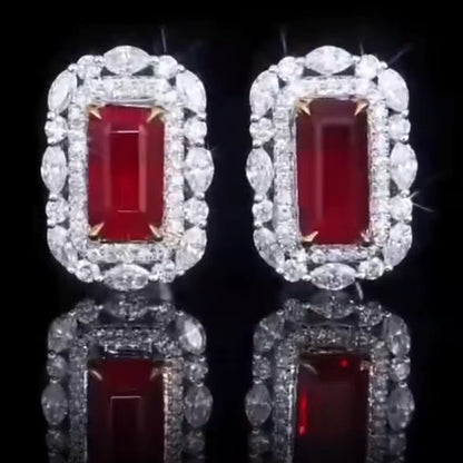 18k White Gold Red Ruby Gemstone Diamond Earrings