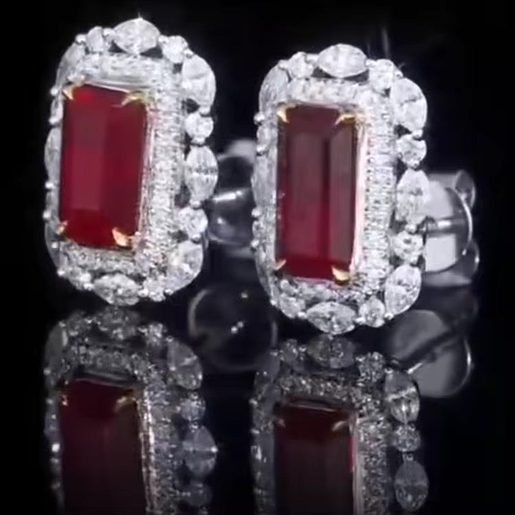 18k White Gold Red Ruby Gemstone Diamond Earrings