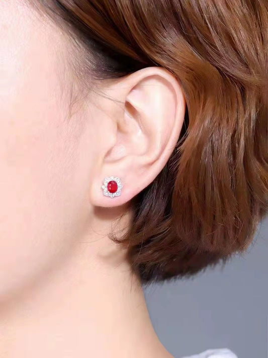 18k White Gold Pigeon Blood Red Ruby Gemstone Earrings