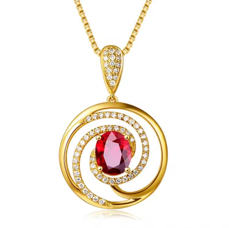 18k Yellow Gold Red Ruby Gemstone Pendant Necklace
