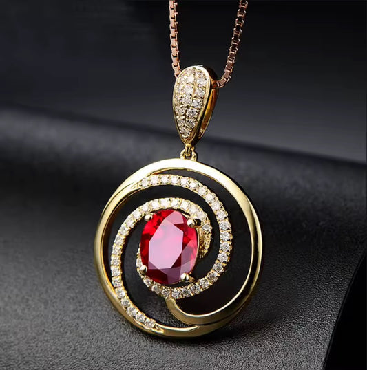 18k Yellow Gold Red Ruby Gemstone Pendant Necklace