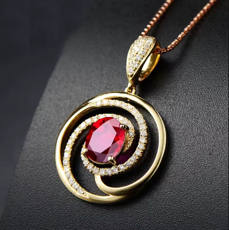 18k Yellow Gold Red Ruby Gemstone Pendant Necklace