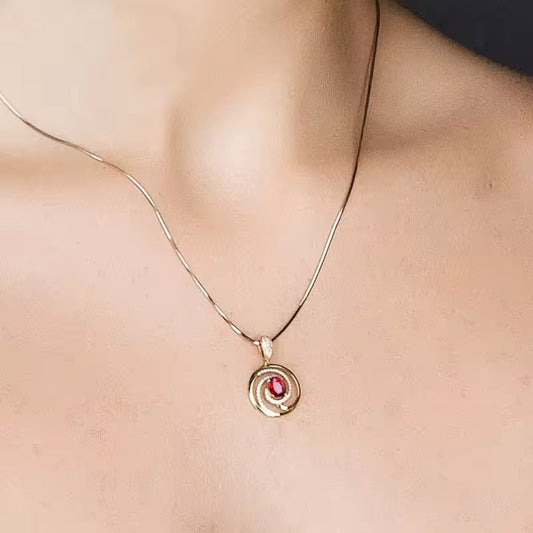 18k Yellow Gold Red Ruby Gemstone Pendant Necklace