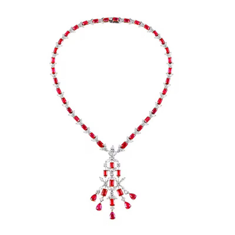 18K White Gold Red Ruby Gemstone Diamond Luxury Necklace