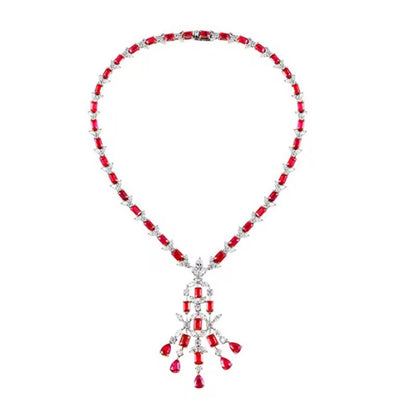 18K White Gold Red Ruby Gemstone Diamond Luxury Necklace