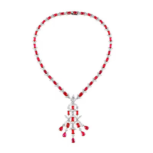 18K White Gold Red Ruby Gemstone Diamond Luxury Necklace