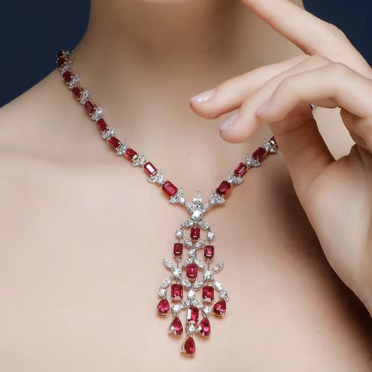 18K White Gold Red Ruby Gemstone Diamond Luxury Necklace
