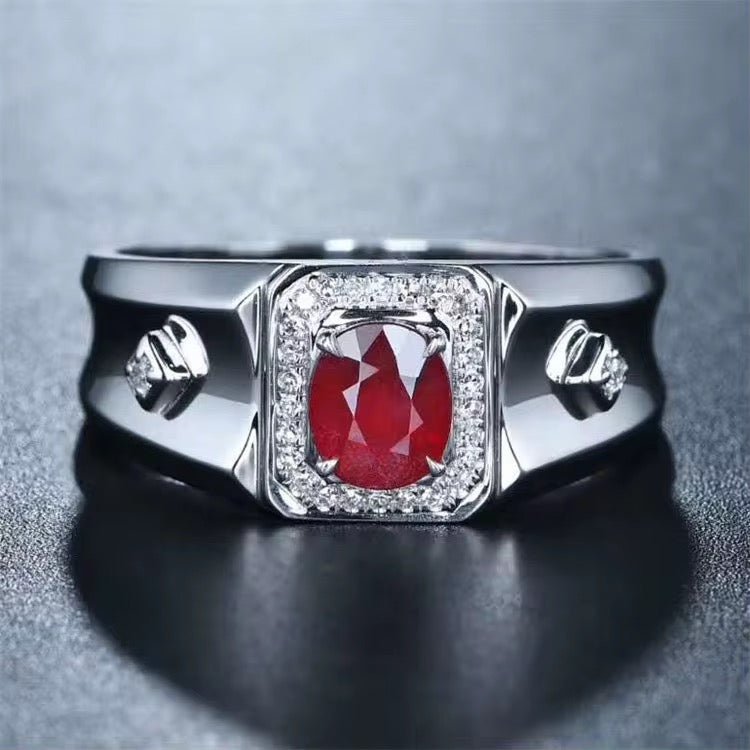 18k White Gold Pigeon Blood Red Ruby Gemstone Men’s Luxury Ring