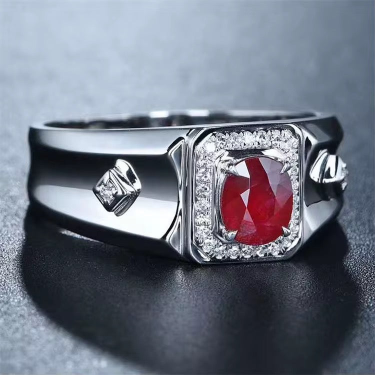 18k White Gold Pigeon Blood Red Ruby Gemstone Men’s Luxury Ring