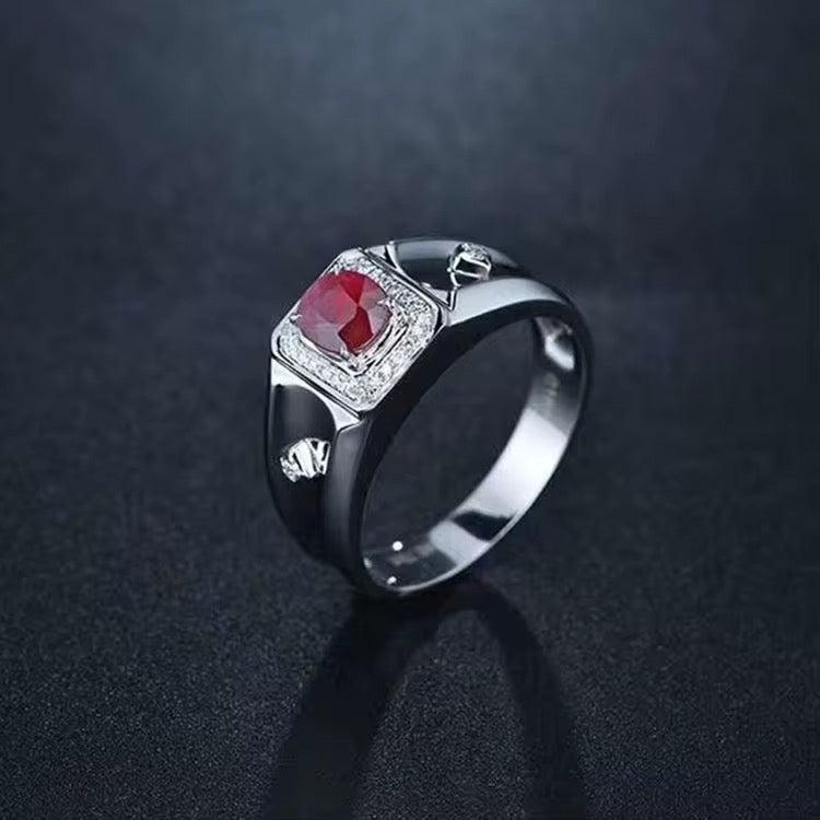 18k White Gold Pigeon Blood Red Ruby Gemstone Men’s Luxury Ring