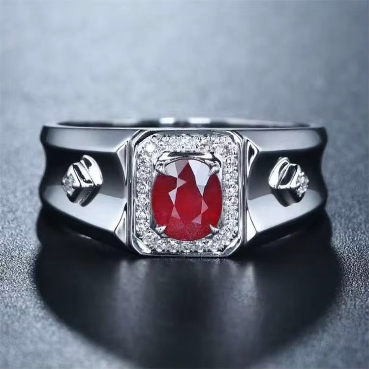 18k White Gold Pigeon Blood Red Ruby Gemstone Men’s Luxury Ring