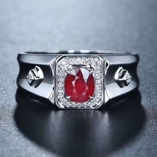18k White Gold Pigeon Blood Red Ruby Gemstone Men’s Luxury Ring