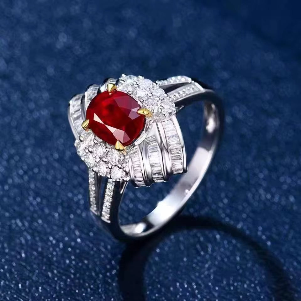 18k White Gold Pigeon Blood Red Ruby Gemstone Diamond Engagement Ring