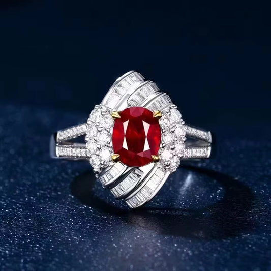 18k White Gold Pigeon Blood Red Ruby Gemstone Diamond Engagement Ring