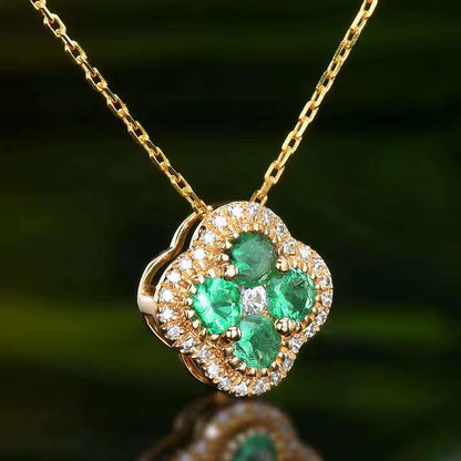 18k Yellow Gold Emerald Gemstone Clover Pendant Necklace