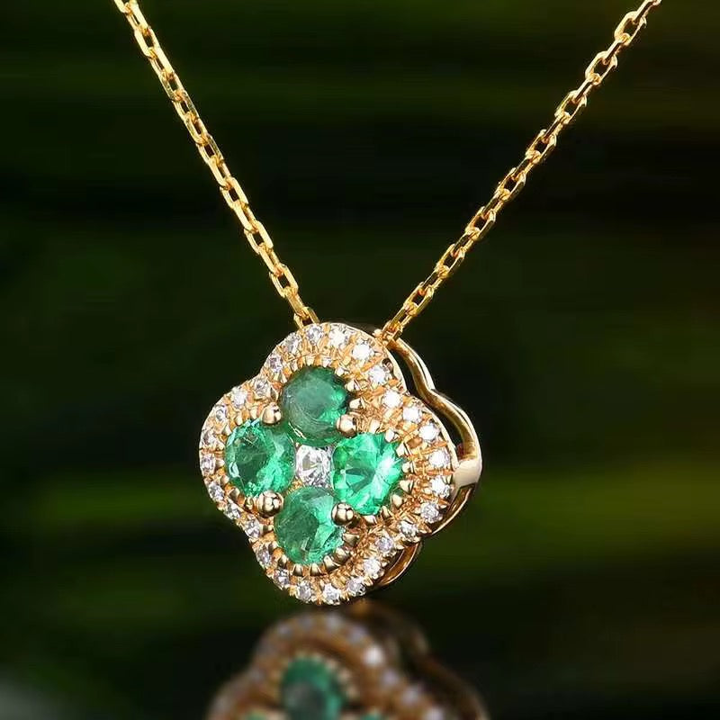 18k Yellow Gold Emerald Gemstone Clover Pendant Necklace