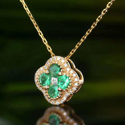 18k Yellow Gold Emerald Gemstone Clover Pendant Necklace
